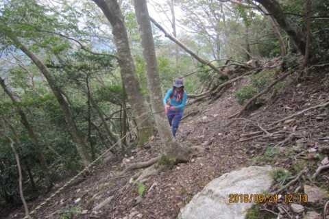 鷹取山への急登です。ロープを使い登ります。