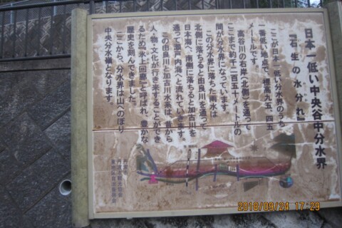 権現山への径はよく分からずに暗くなってきたので引き返し、結局天王坂で縦走終了とし、車道を歩きました。谷中分水界の案内板です。