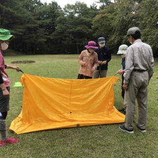 木のないところでは、ストックを2本使って張ります。