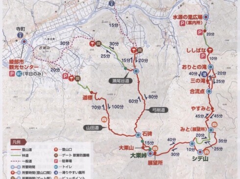 「綾部トレイルトレッキングマップ」より。今日は、ししばな駐車場から山頂へ。下りは、大栗峠に向かって少し歩き、「みと」に続く林道を歩きました。