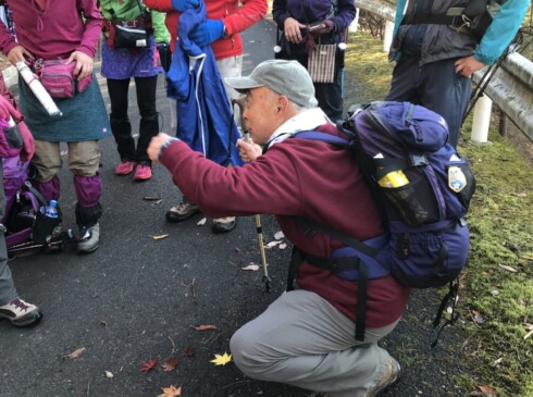 9:30いったん舗装路に出ます。モミジとカエデについて学習中。カエデは「カエルのテ」みたいだからとのこと(≧▽≦)