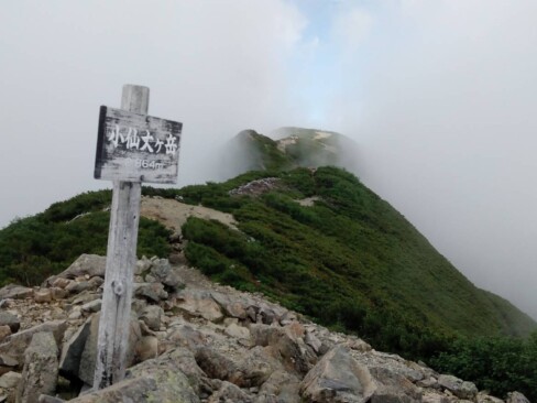 小仙丈ヶ岳山頂。目指す仙丈ヶ岳は霧の中に煙る