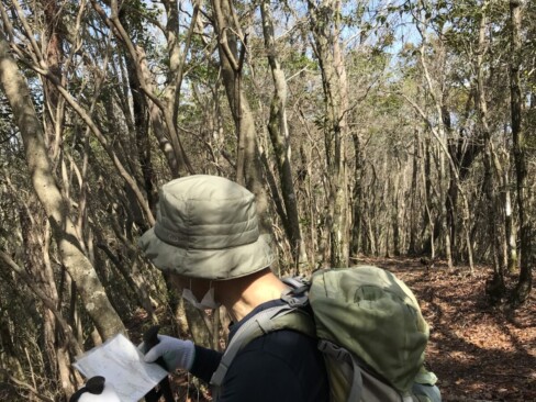 八王子山に向けて尾根歩き。地図でルート確認中のリーダー、頼りになります。