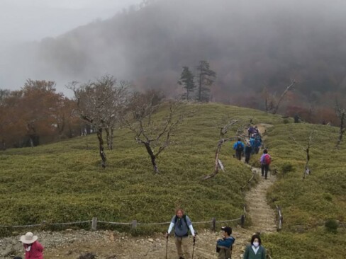 大台ケ原ビジターセンターから45分ほど、緩やかに登り切ると日出ヶ岳山頂です。最高峰とあって多くのハイカーで賑わっていました。