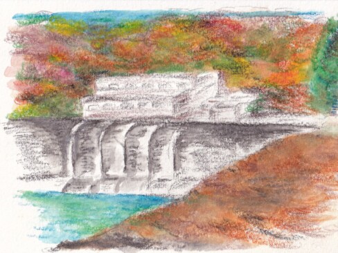 ダムと湖畔の草紅葉を描きたかったのだけれど、ダムに時間を摂られました。(M・Y)