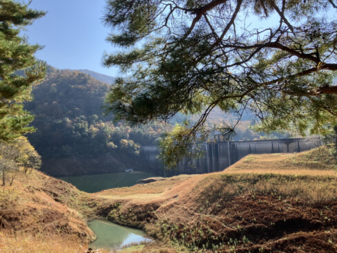 ダム、ダム湖、そして湖畔の草紅葉。ほぼこの近辺でポジションを決めて、スケッチに取り組みました。