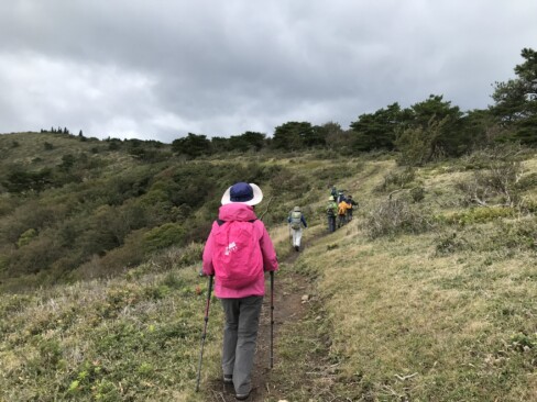 気持のいい稜線歩き。歩いてきた道も山頂への道もよく見えます。