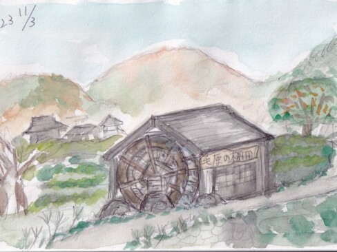 水車小屋の細かい線はボールペンで描きました。
このままポストカードになりそうですね。(K・M)