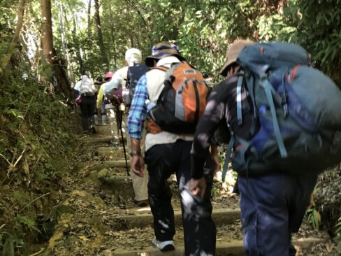 「善意の杖」が置かれているところから登山道に入ります。いきなりの階段です。