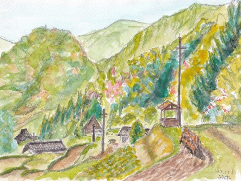 のどかな山村の風景を淡い色彩で表現しました。
電柱を近景で取り込みました。(T・S)