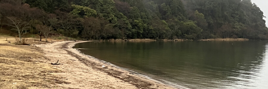 宿泊した休暇村近江八幡前の湖畔から望む朝の琵琶湖