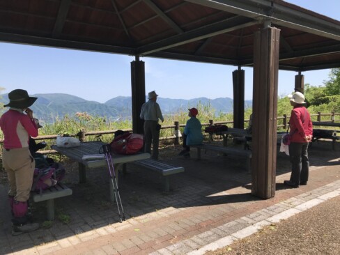 あずま屋で小休憩。海も山もきれいです。