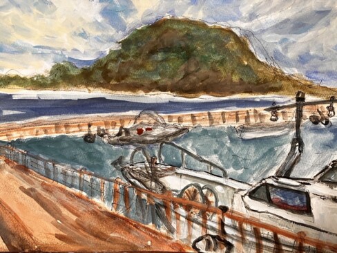 始めてアクリル絵具を使いました。迫力のある絵で、空がリアルに描かれていますね。(H・S)