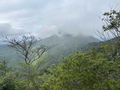 関西百名山の御嶽。山頂部はガスの中。