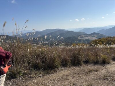 ススキのエリアに入ってきました。剣尾山方面、山並みのグラデーションが素敵です。