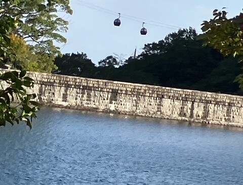 堰堤の向こうにハーブ園に向かうロープウェイが見えます。