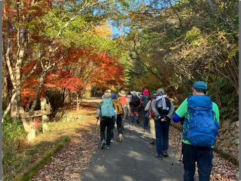 青空と紅葉の中を歩いて行きます。