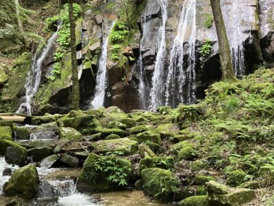 主瀑の金引の滝、正面が「男滝」、左奥が「女滝」